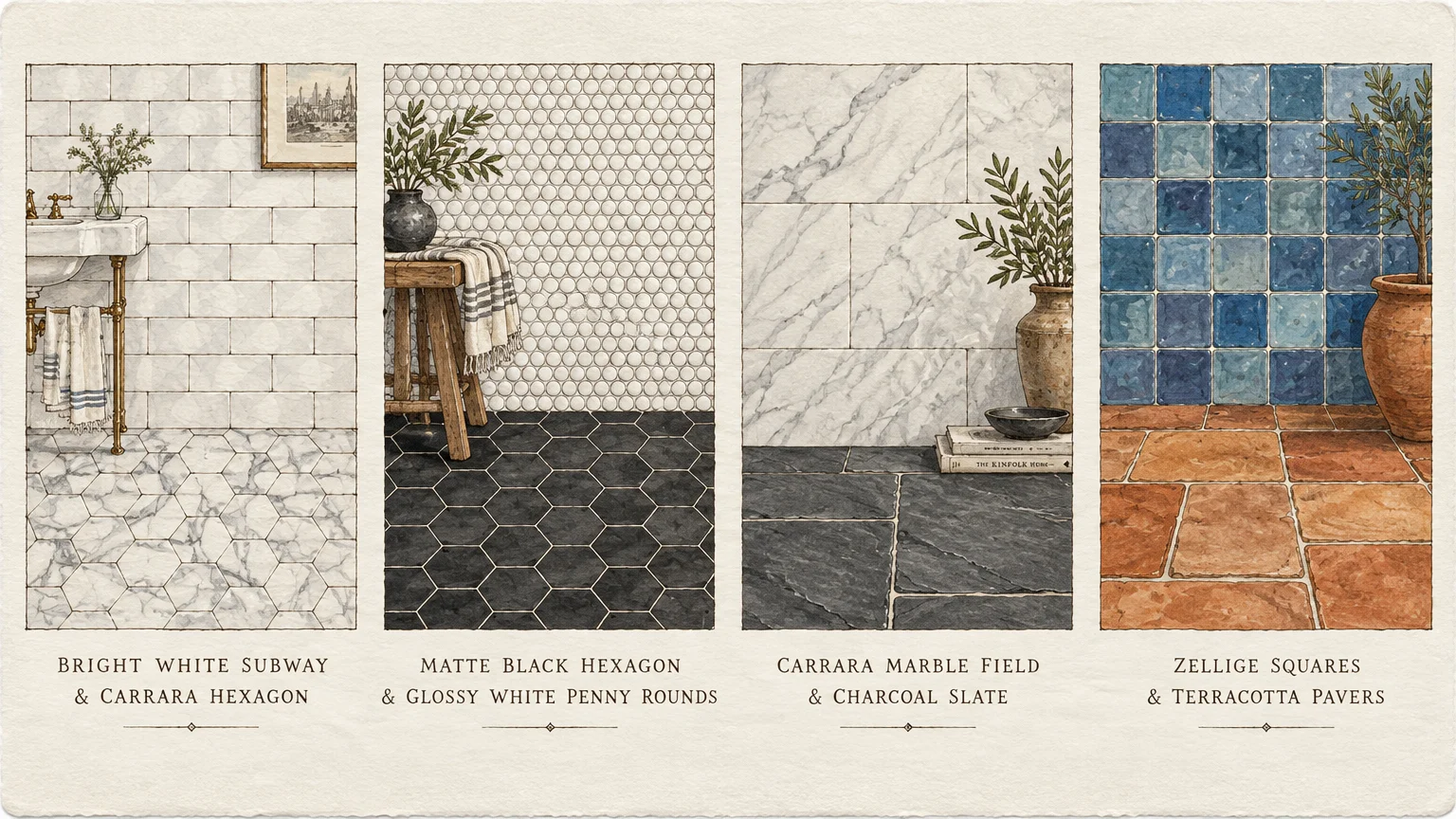 Four illustrated bathroom tile pairings showing subway, penny round, marble, slate, zellige, and terracotta surfaces.