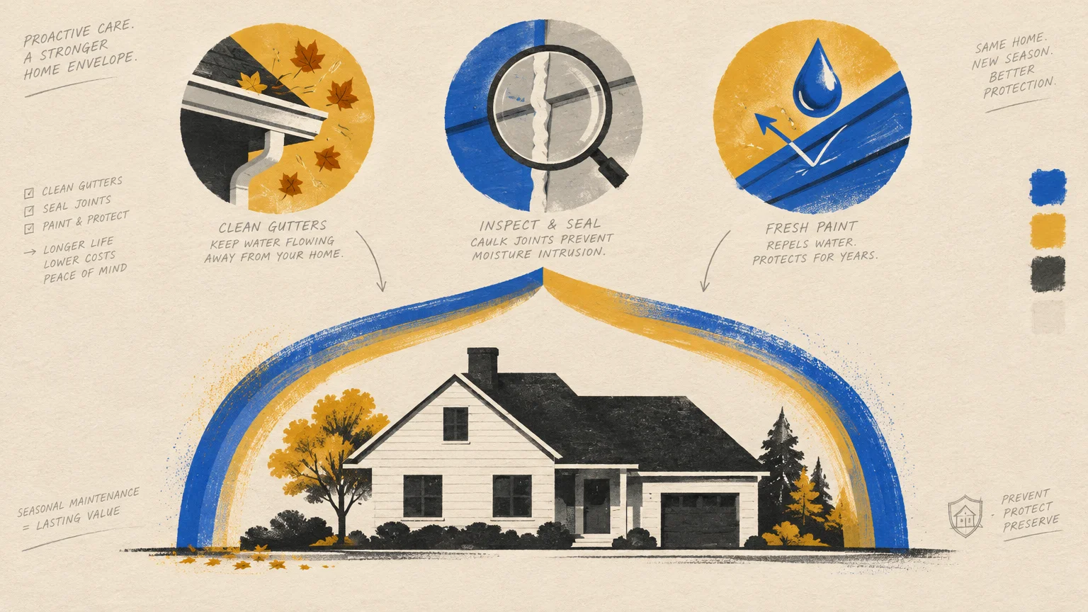 Illustration of a house under a protective arch, with diagrams for clean gutters, caulk inspection, and fresh paint.