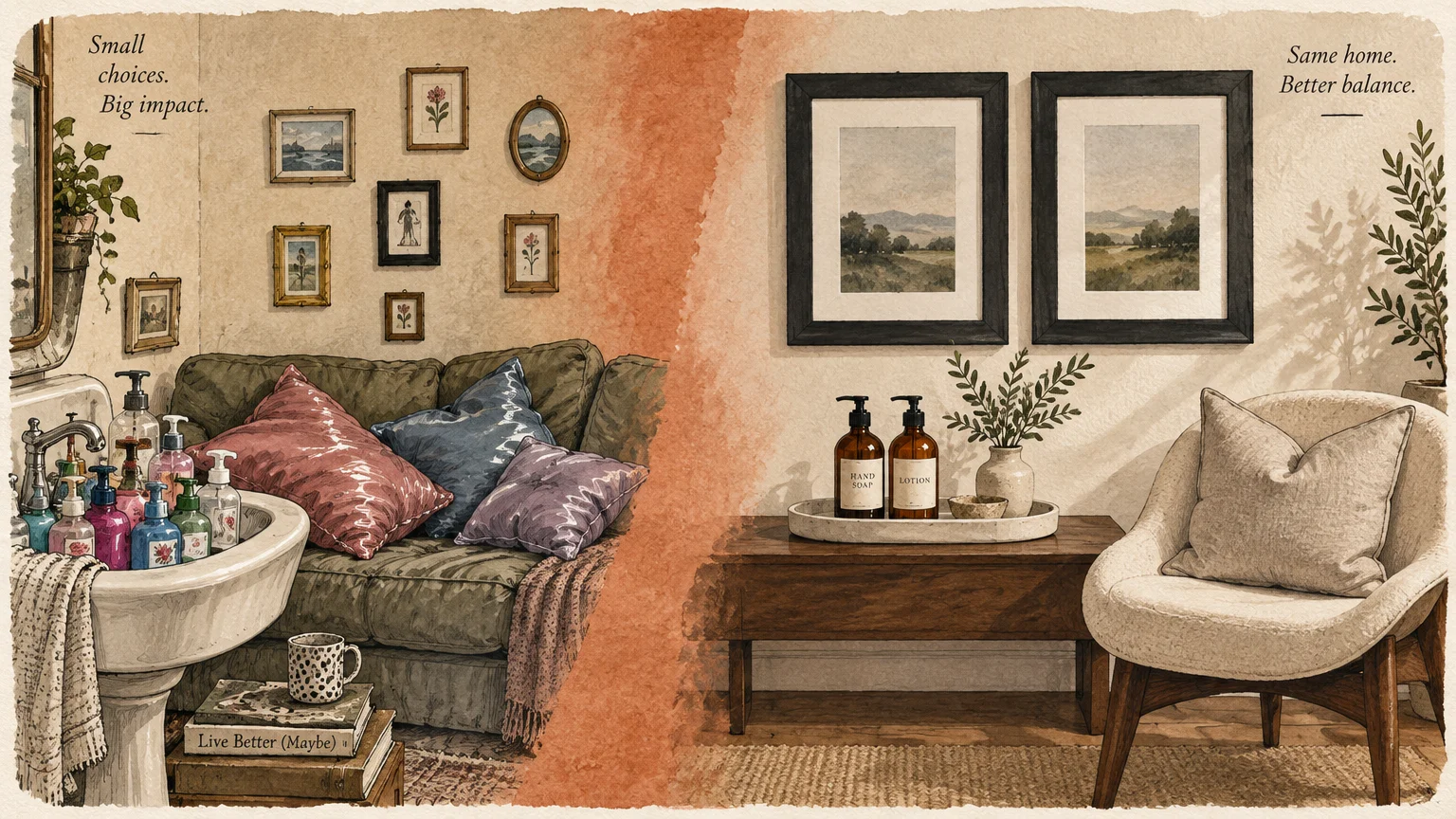 Split illustration showing a cluttered, mismatched room on the left and a calm, curated room with amber bottles on the right.
