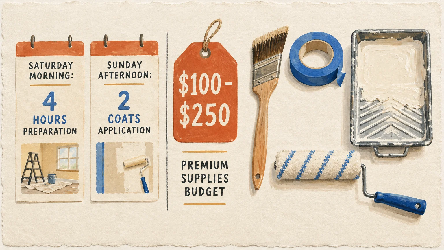 Gouache painting of a weekend schedule, a price tag marked $100 to $250, paintbrushes, tape, and a roller tray.