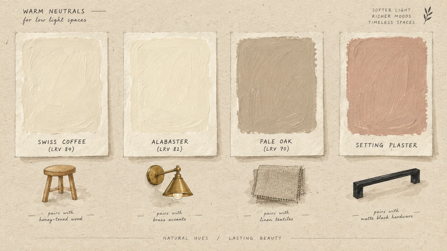 Four painted warm neutral swatches labeled Swiss Coffee, Alabaster, Pale Oak, and Setting Plaster with paired home accents.