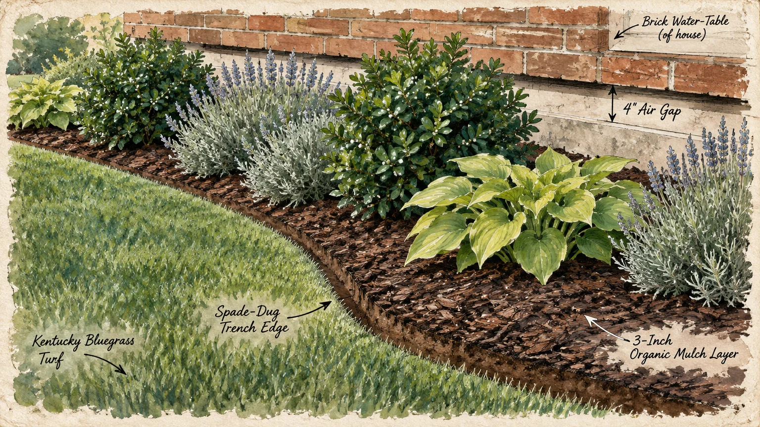 Illustration of a mulched foundation flowerbed with a spade-dug trench edge separating green turf from brick siding.