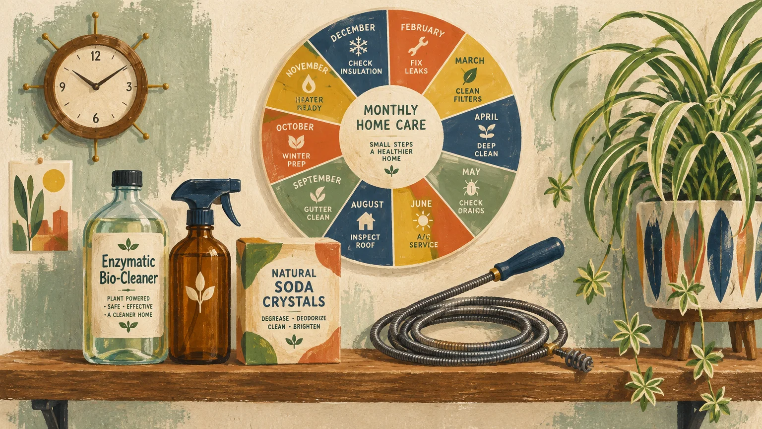 Illustrated shelf with bio-cleaner, spray bottle, soda crystals, drain snake, plant, and monthly home care wheel chart.