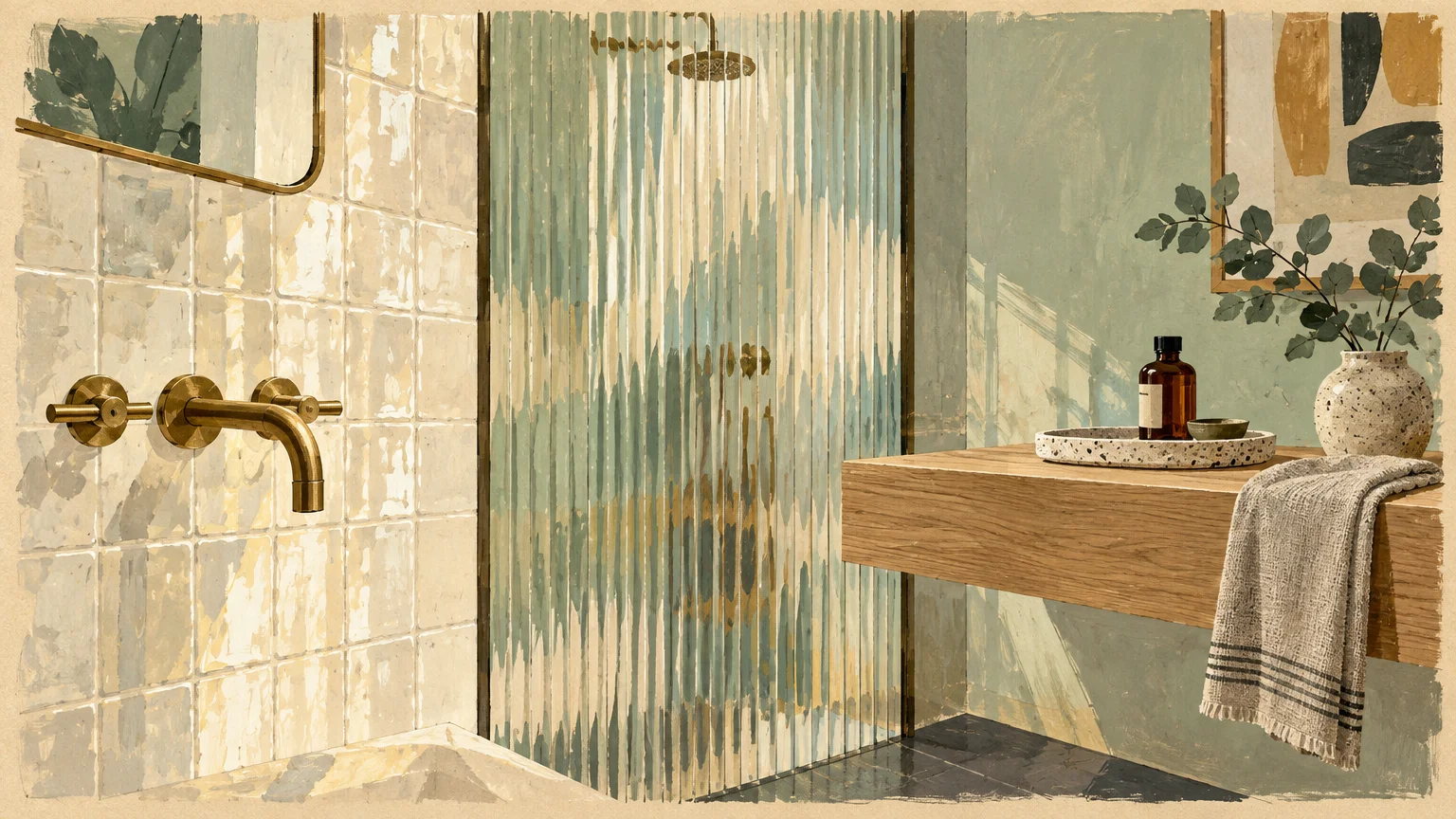 Illustration of a bathroom with cream square tiles, brass faucet, fluted glass shower screen, and wood floating vanity.