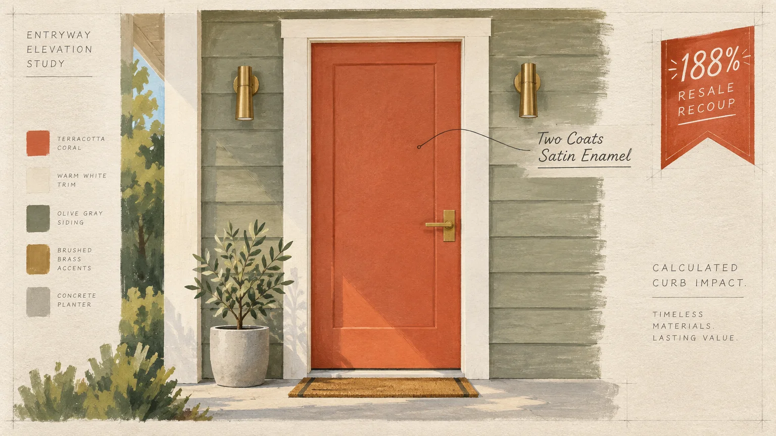 Architectural sketch of a terracotta front door with brass sconces, olive siding, color swatches, and a resale recoup badge.