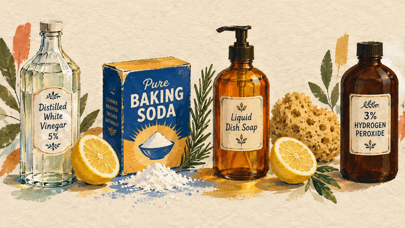 Illustration of household cleaners including white vinegar, baking soda, dish soap, hydrogen peroxide, and lemons.