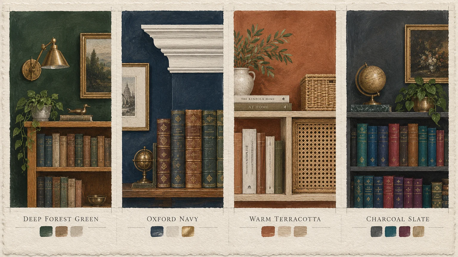 Four library bookshelf scenes featuring walls painted green, navy, terracotta, and charcoal with matching color swatches.