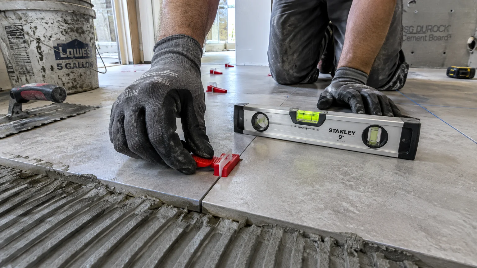 Installer in work gloves placing a red tile leveling wedge between floor tiles next to a spirit level.