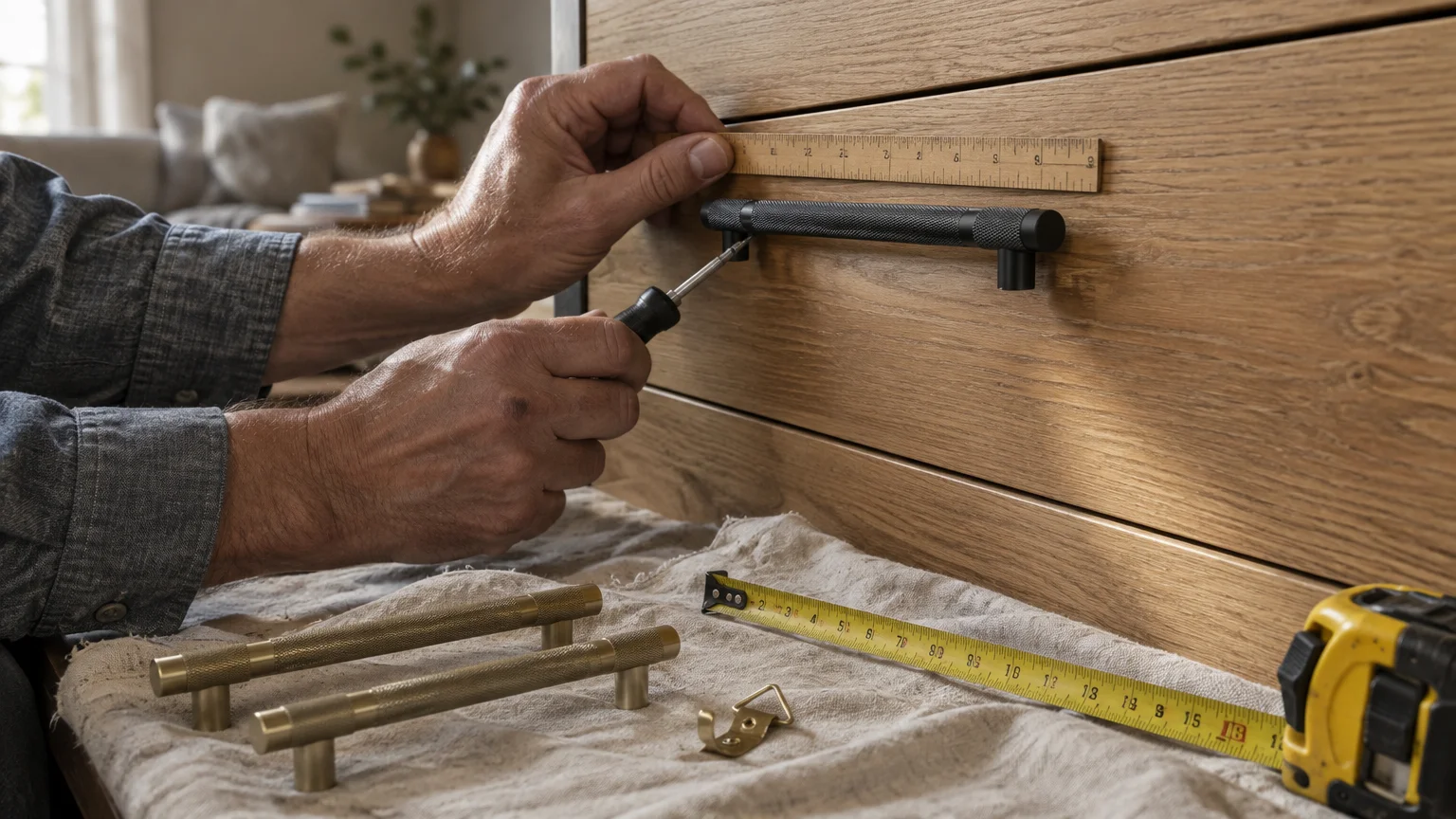 A person using a screwdriver and ruler to install a black knurled handle on an oak drawer beside extra brass hardware.