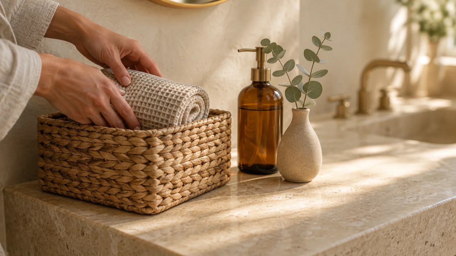 Hands placing a folded waffle-weave towel into a woven basket beside an amber soap bottle on a marble counter.