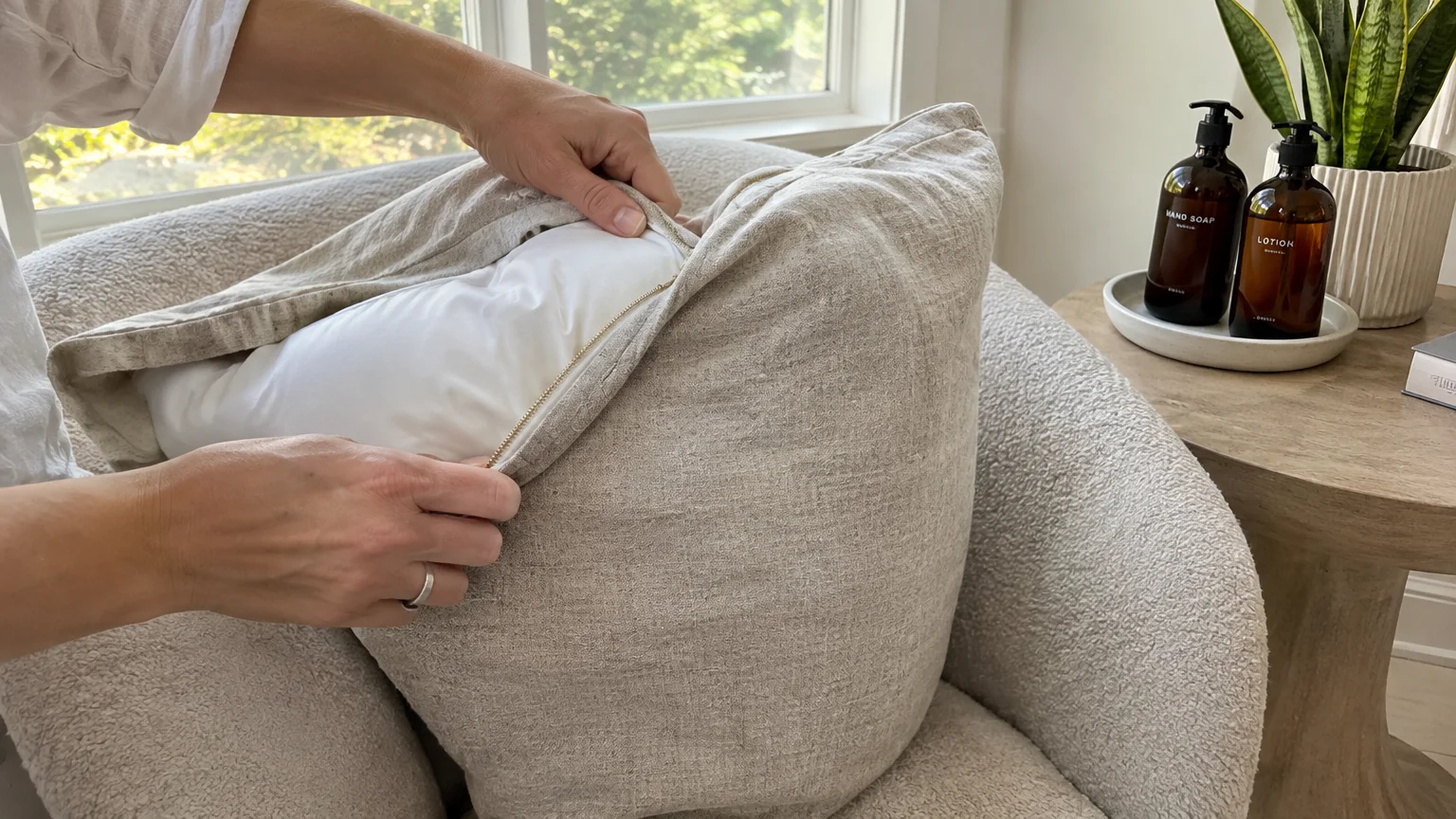 Hands stuffing a white pillow insert into a beige textured linen cushion cover on a bouclé armchair.