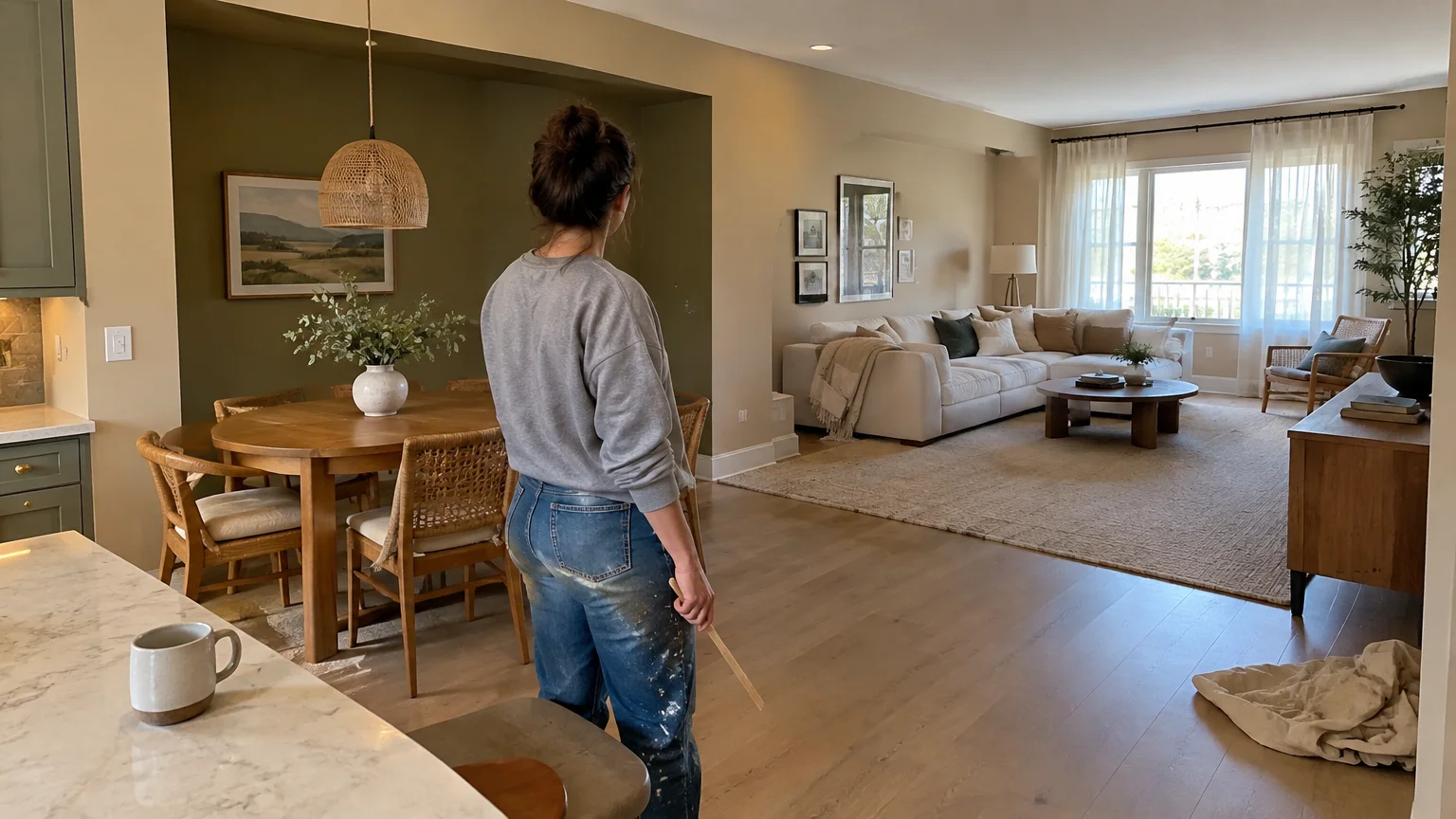 Woman in an open layout looking toward an olive green dining alcove and an adjoining beige living room.