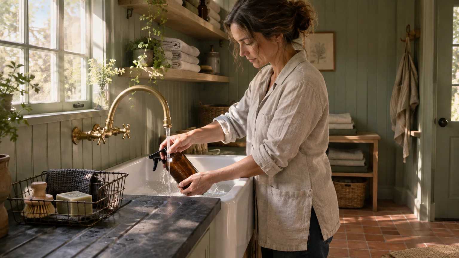 A woman fills an amber glass spray bottle with water from a brass faucet at a farmhouse kitchen sink.