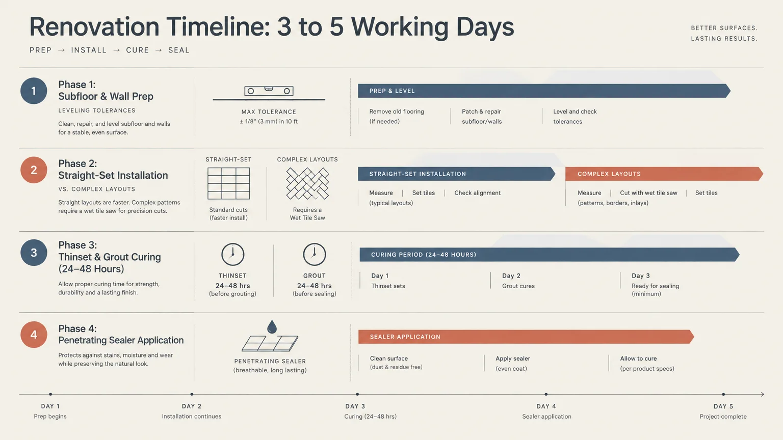 Renovation timeline infographic outlining four phases from prep to sealing across three to five working days.