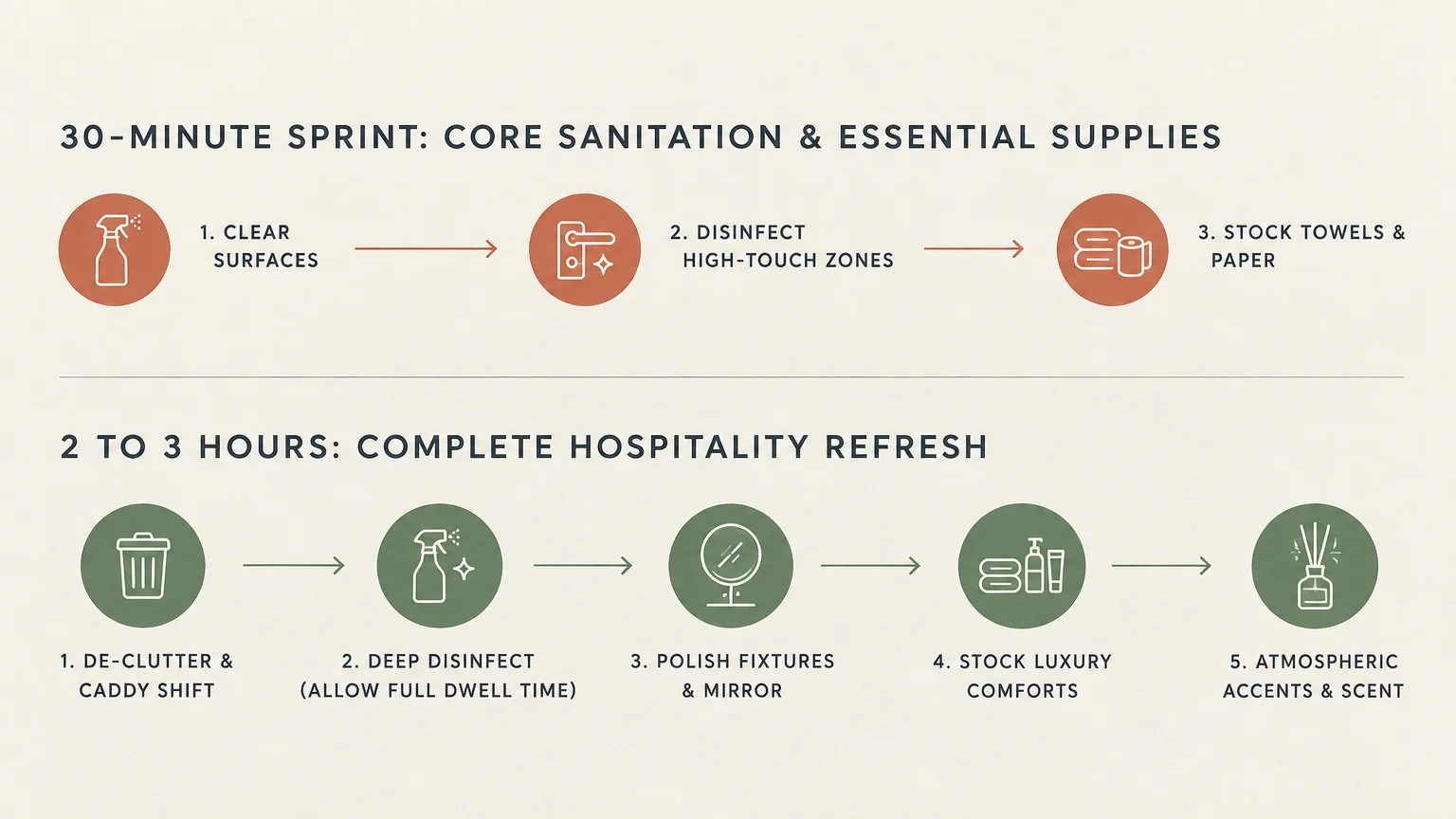Diagram comparing a 3-step 30-minute cleaning sprint against a 5-step hospitality refresh taking 2 to 3 hours.