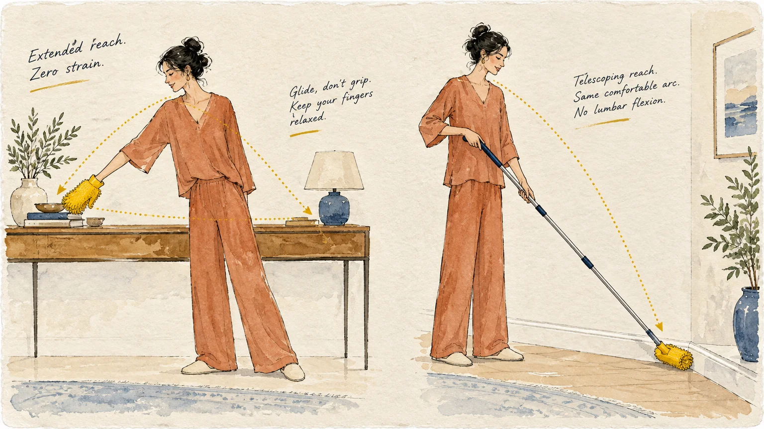 Illustration of a woman dusting a table with a yellow mitt and cleaning baseboards using an extended telescoping pole.