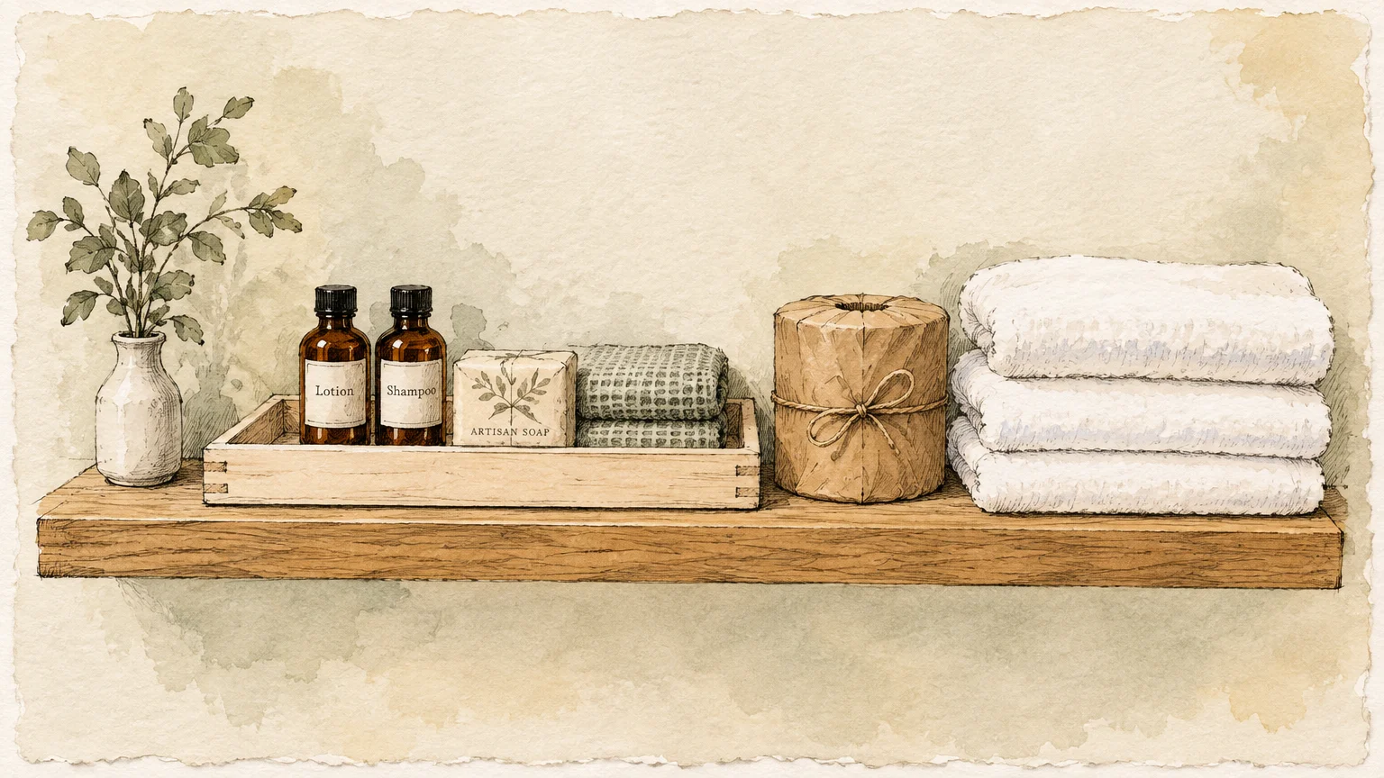 Illustration of a wooden shelf holding bottled toiletries in a tray, wrapped toilet paper, folded towels, and a small vase.