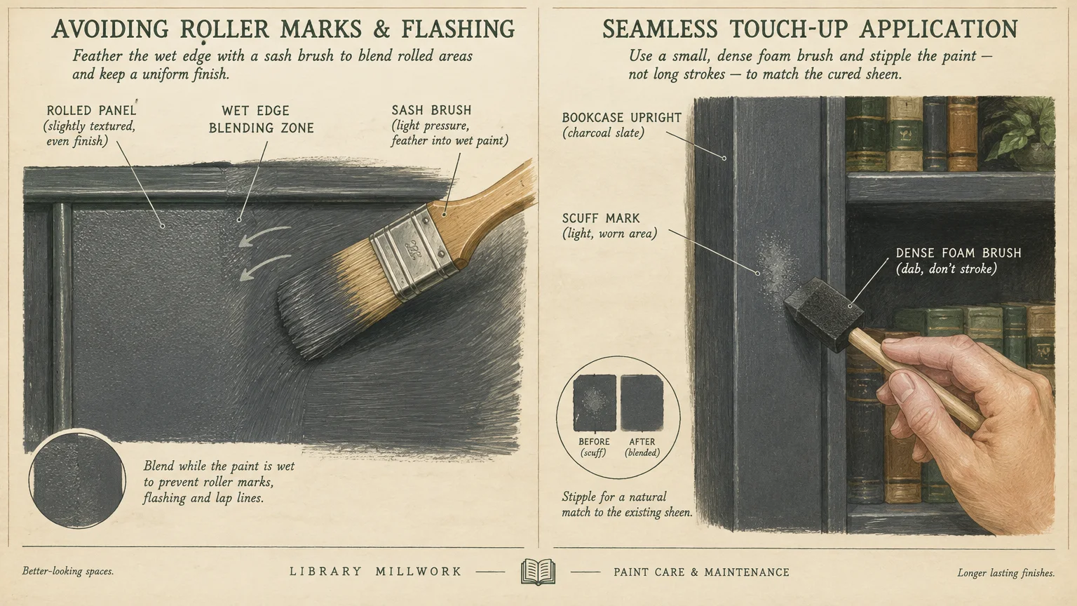 Diagram showing a sash brush feathering paint on a panel and a hand using a foam brush to touch up a bookshelf.