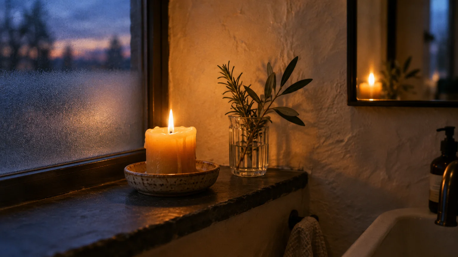 A lit candle in a ceramic dish and fresh rosemary sprigs in a glass on a windowsill beside a bathroom sink.