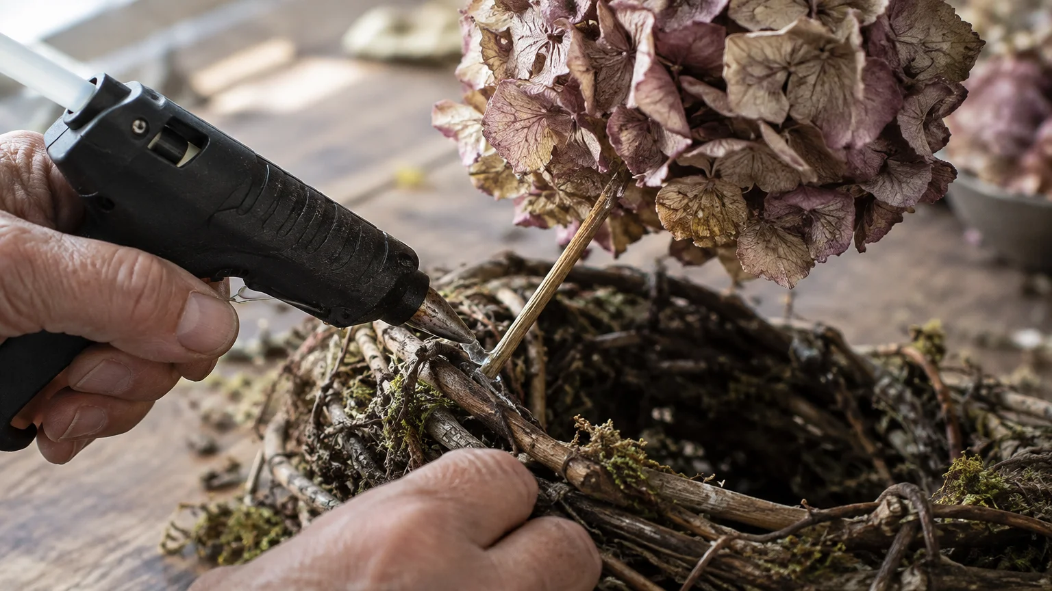 A person using a hot glue gun to attach a dried hydrangea stem to a grapevine wreath base.