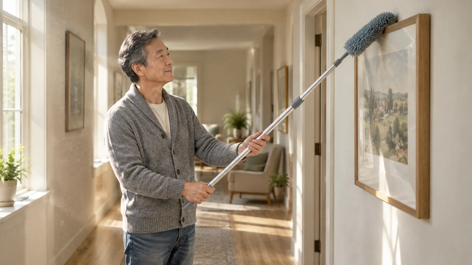 A man cleans a framed picture on a hallway wall using an extendable telescopic duster.
