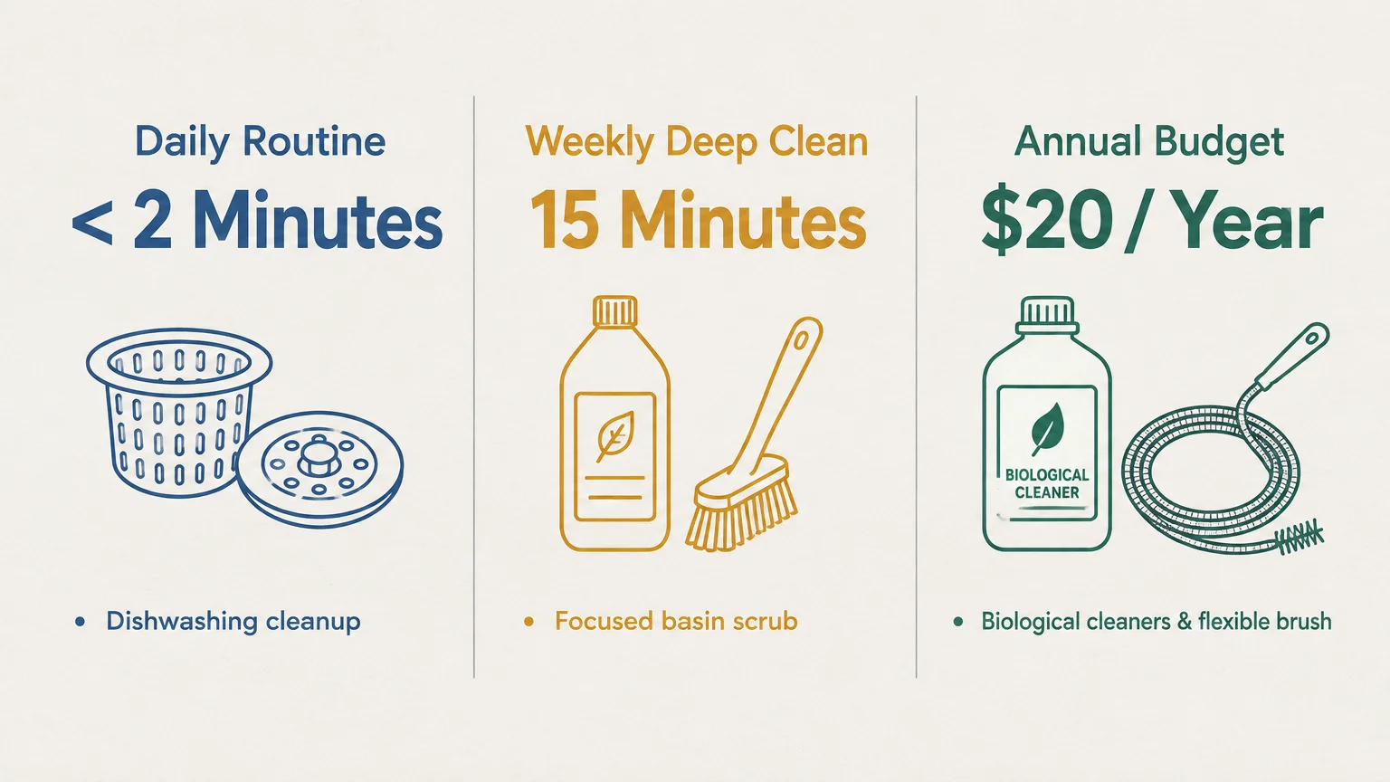 Three-panel diagram detailing a daily routine under two minutes, a 15-minute weekly clean, and a $20 annual budget.