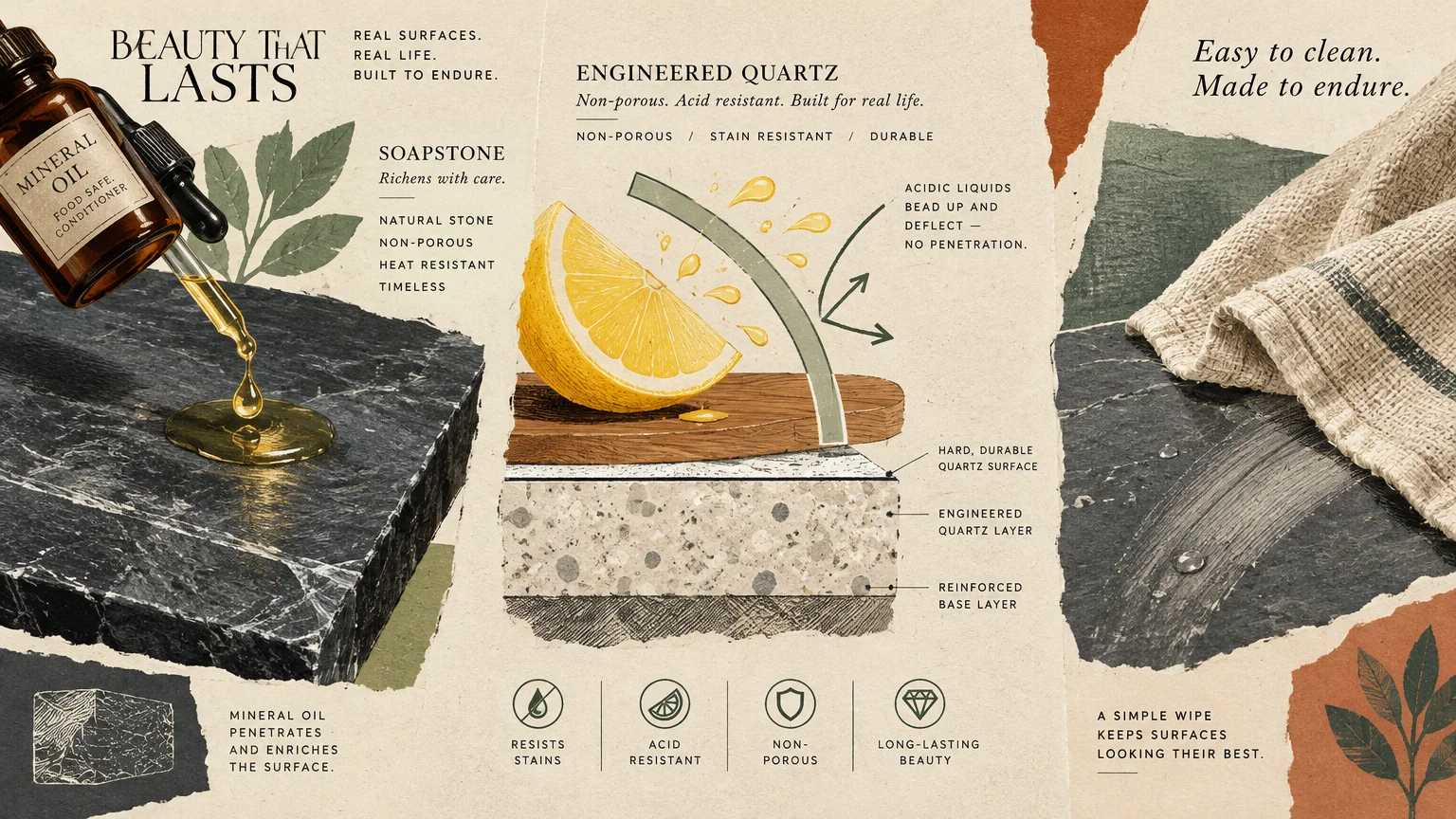 Infographic collage highlighting soapstone care with mineral oil alongside engineered quartz cross-sections and lemon acid resistance.