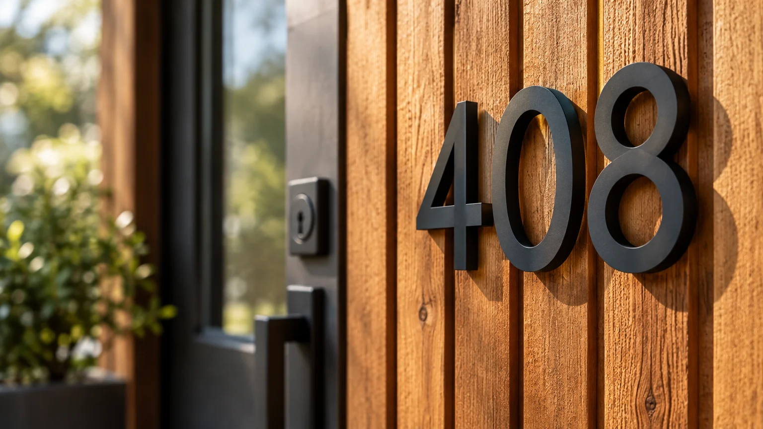 Matte black floating house numbers 408 mounted on a vertical wooden slat wall beside a modern front door.