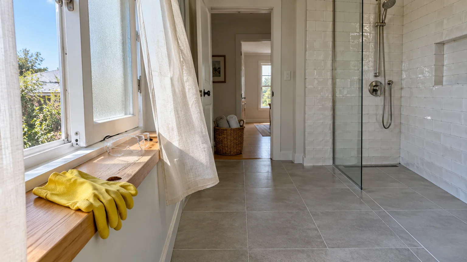 Yellow rubber gloves and clear protective safety glasses resting on a sunny wooden windowsill beside a modern tiled shower.