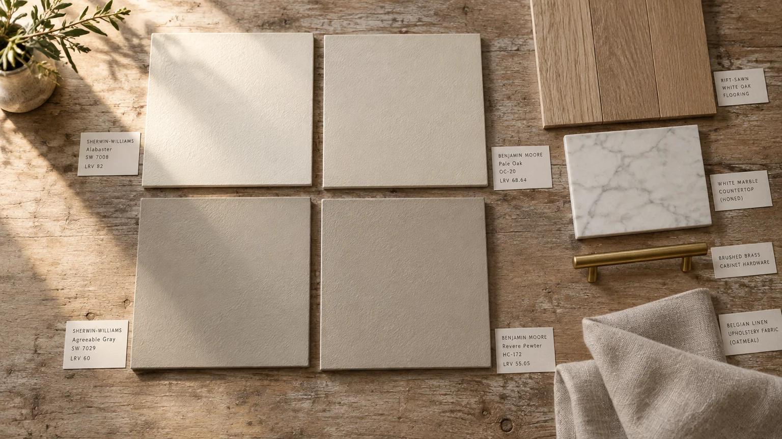Four neutral paint sample boards arranged with wood flooring, marble, brass hardware, and linen fabric swatches on wood.