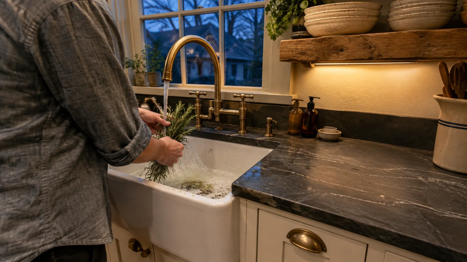 Person washing herbs in a white apron-front sink set in dark soapstone countertops beneath a brass bridge faucet.