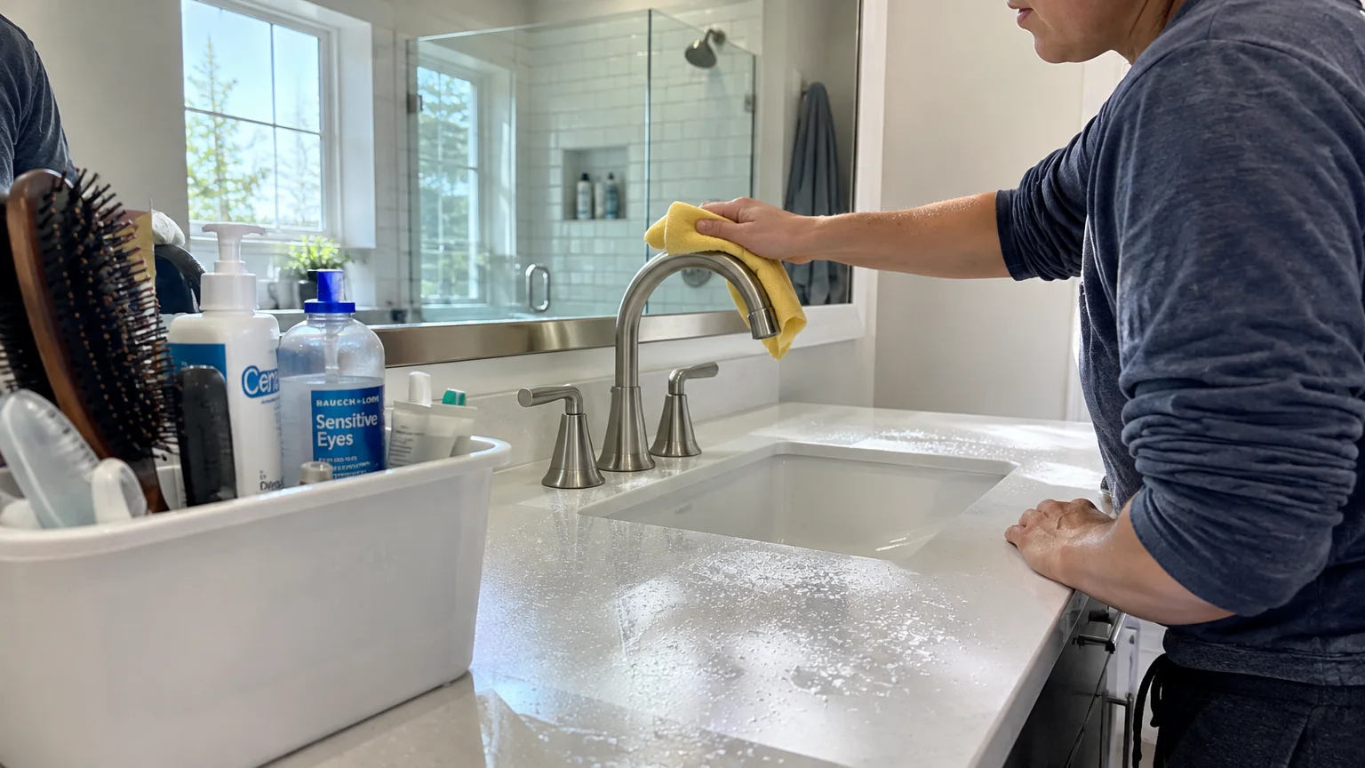 A person wiping a brushed nickel bathroom faucet with a yellow microfiber cloth next to a sprayed countertop.