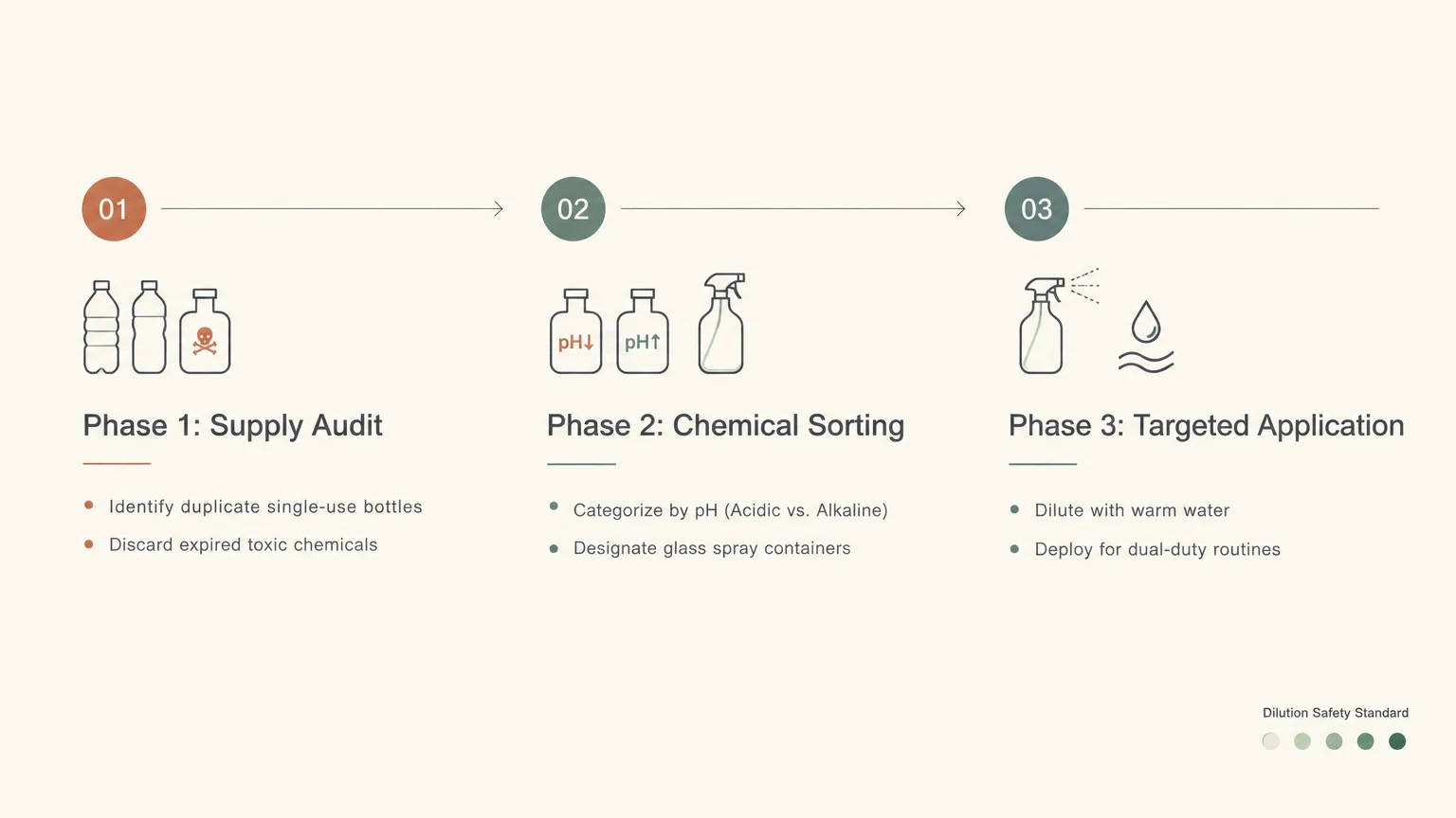Diagram outlining a three-phase cleaning process: supply audit, chemical sorting, and targeted application.