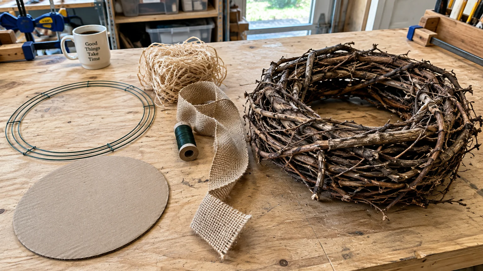 Wire frame, cardboard circle, burlap ribbon, twine, and a thick grapevine wreath on a wooden workshop table.