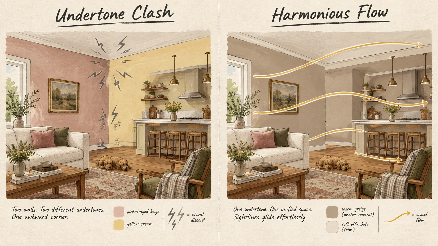Side-by-side illustrations comparing clashing pink and yellow open-layout walls to a harmonious room painted in warm greige.