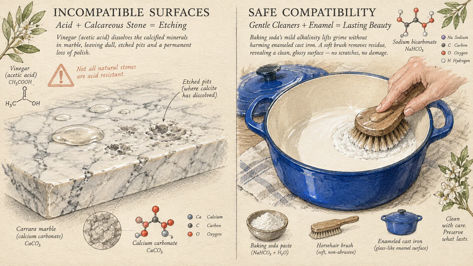 Diagram contrasting vinegar etching a marble slab with a hand scrubbing an enameled cast iron Dutch oven using baking soda.