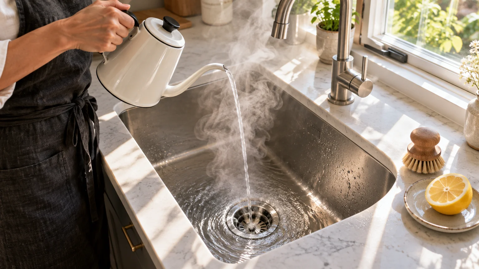 Steaming water poured from a white kettle into a stainless steel kitchen sink drain.