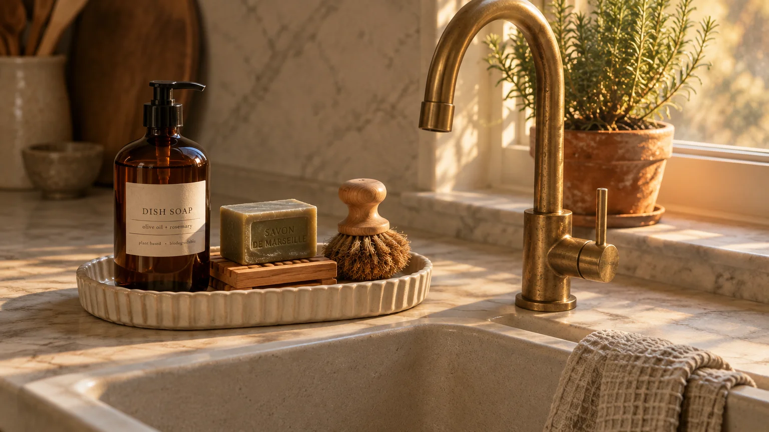 Amber glass soap dispenser, bar soap, and wooden brush arranged on a ceramic tray beside a brass kitchen faucet.