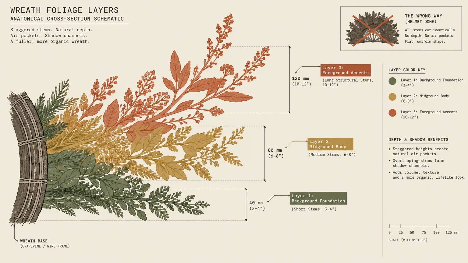 Cross-section diagram showing foliage attached to a wreath frame in three tiered layers of increasing stem lengths.