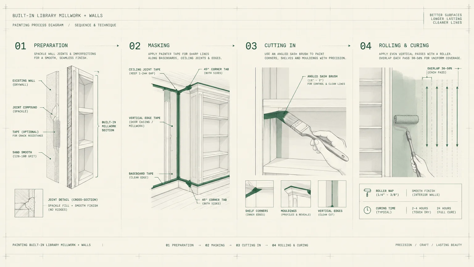 Architectural diagram outlining four painting phases: preparation, masking, cutting in, and rolling for built-in millwork.