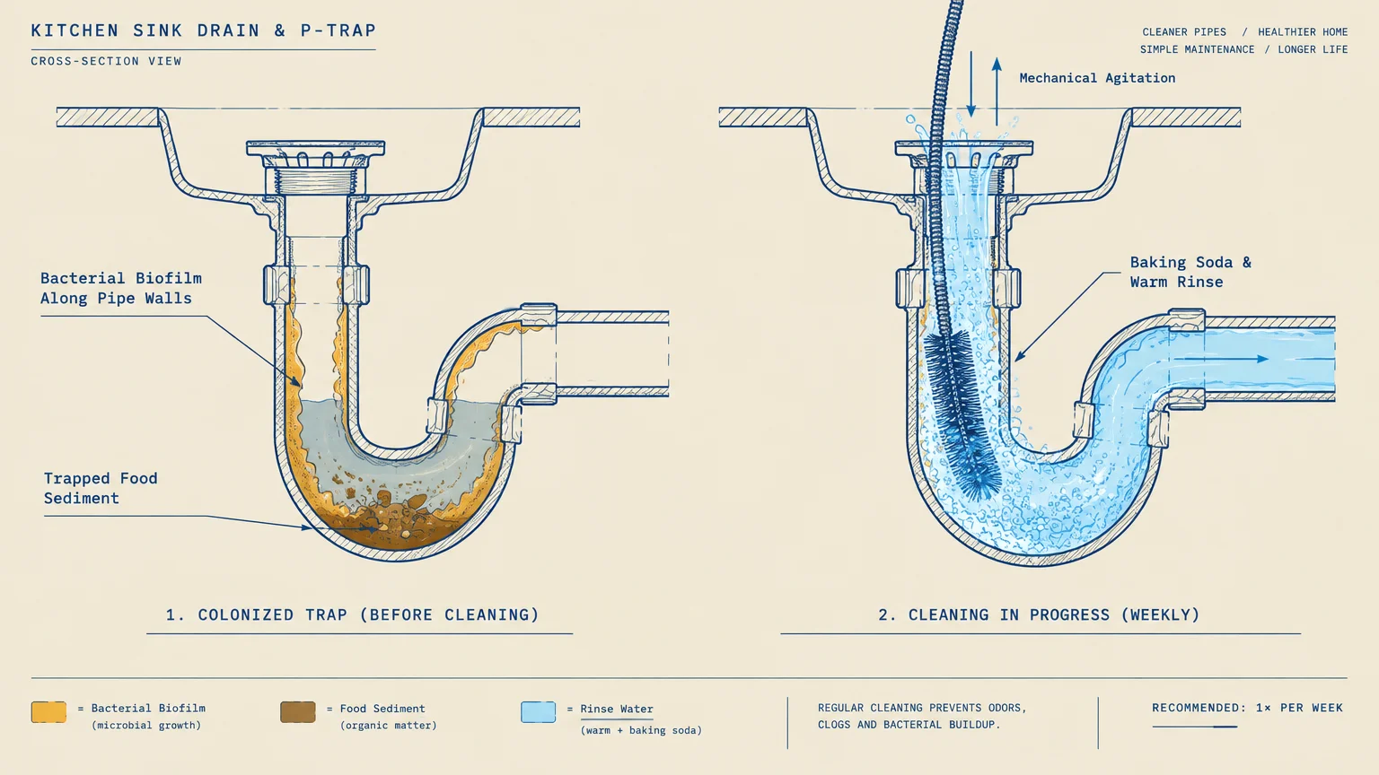 Diagram comparing a colonized sink P-trap with biofilm to one being scrubbed clean with a brush and rinse water.