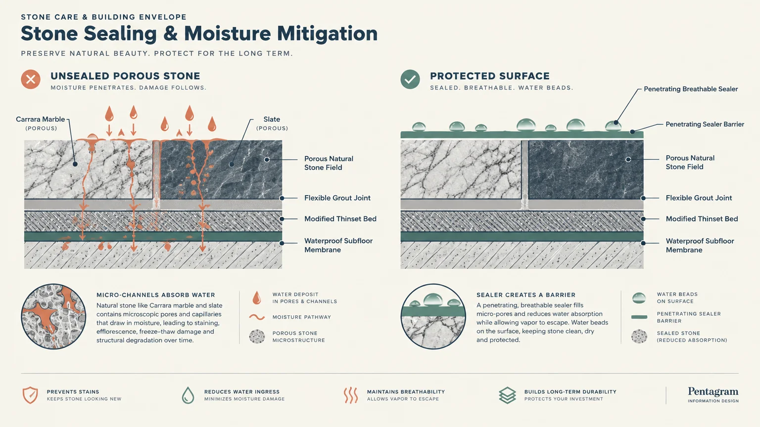 Diagram comparing unsealed porous stone absorbing water versus a protected surface treated with penetrating breathable sealer.