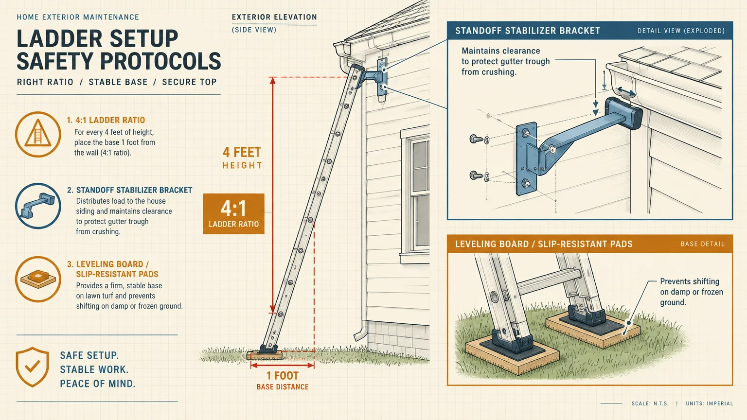 Diagram illustrating ladder setup protocols, including a 4-to-1 ratio, standoff stabilizer bracket, and leveling base pads.