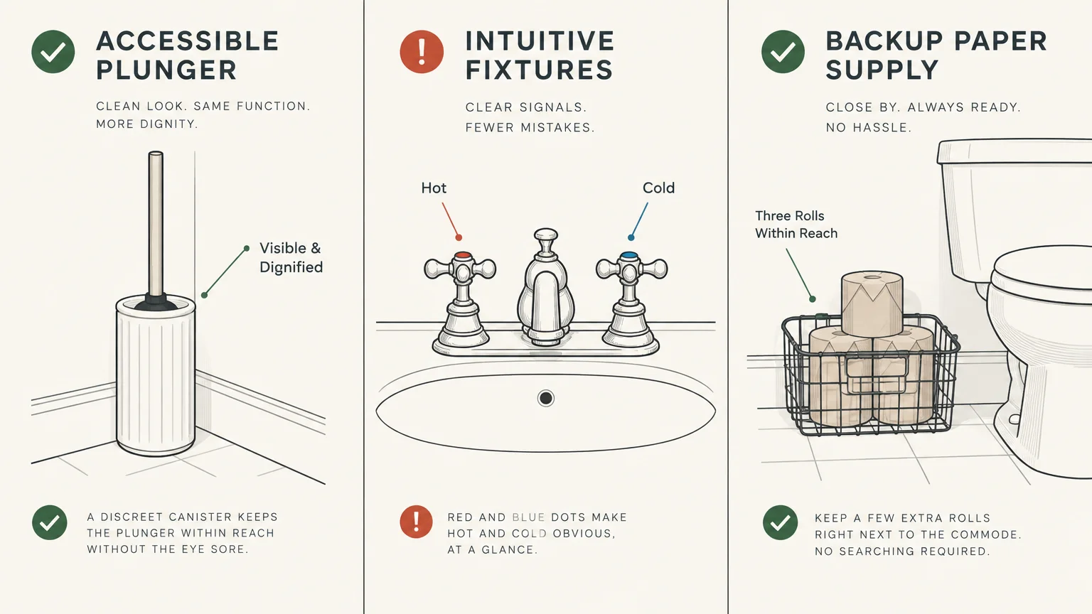 Three panels illustrating an accessible toilet plunger, labeled hot and cold sink taps, and a basket of toilet paper.
