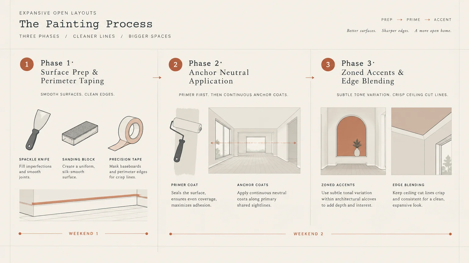 Diagram detailing a three-phase painting workflow across two weekends, showing tools, primer coats, and zoned accent walls.
