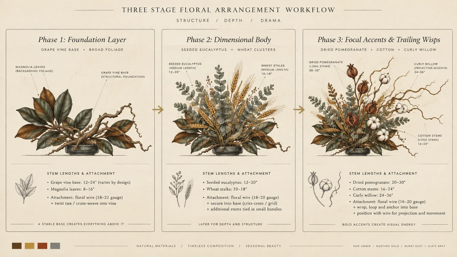 Three-panel diagram illustrating floral arrangement stages: foundation layer, dimensional body, and focal accents with notes.