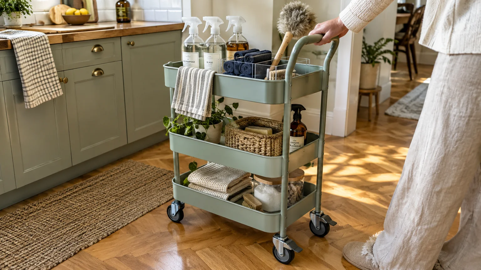 A person pushes a pale green, three-tiered rolling utility cart filled with cleaning bottles, towels, and brushes.