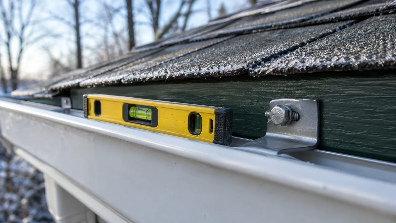 A yellow spirit level rests inside a clean roof gutter secured by metal brackets beneath frosted shingles.