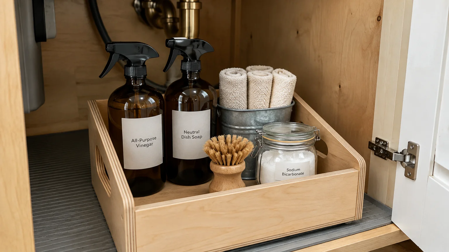 Amber glass spray bottles, cleaning brush, rolled towels, and a glass jar arranged inside a wooden caddy under a sink.