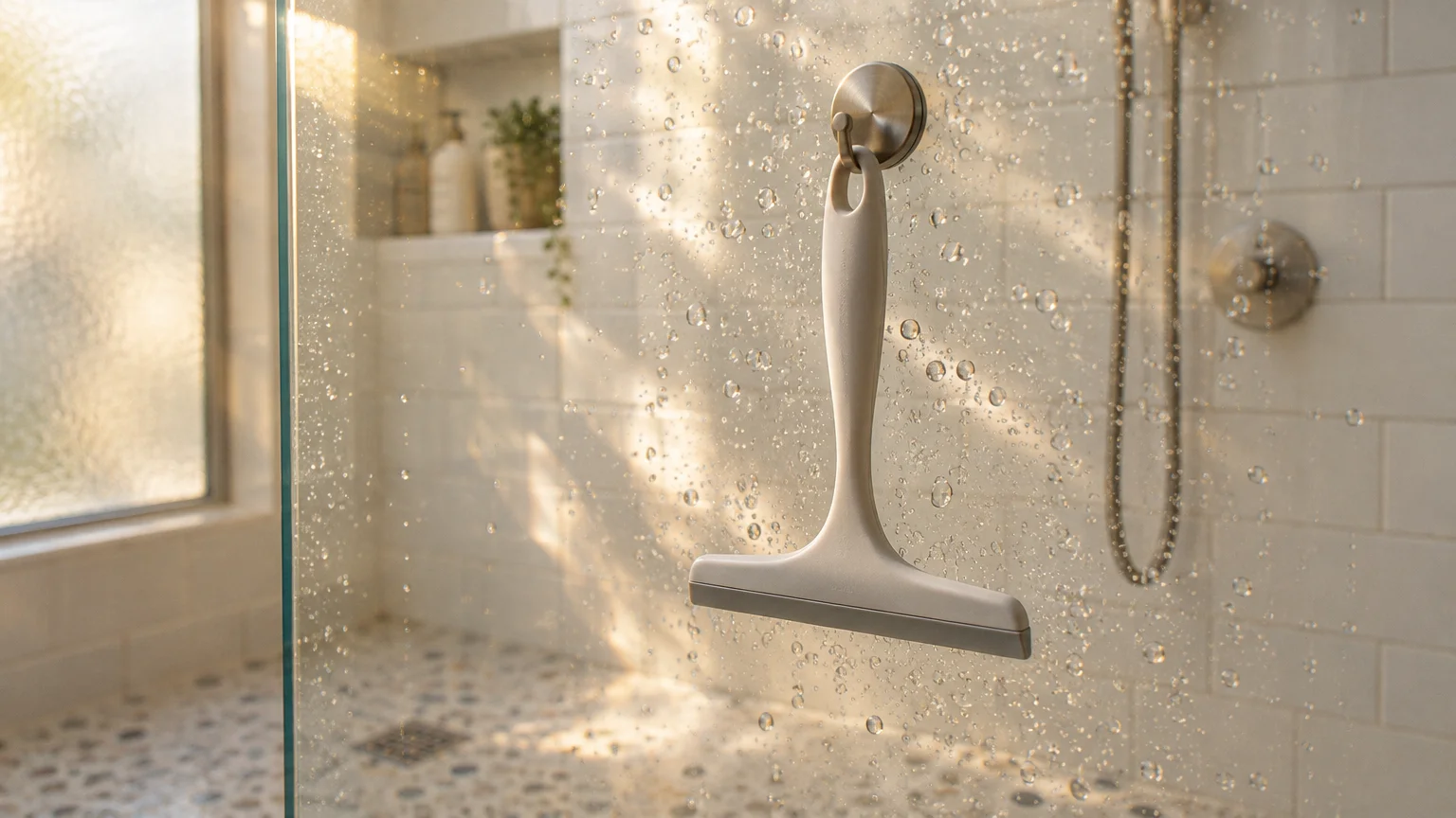 A shower squeegee hangs from a hook on a wet glass door in a tiled walk-in shower.